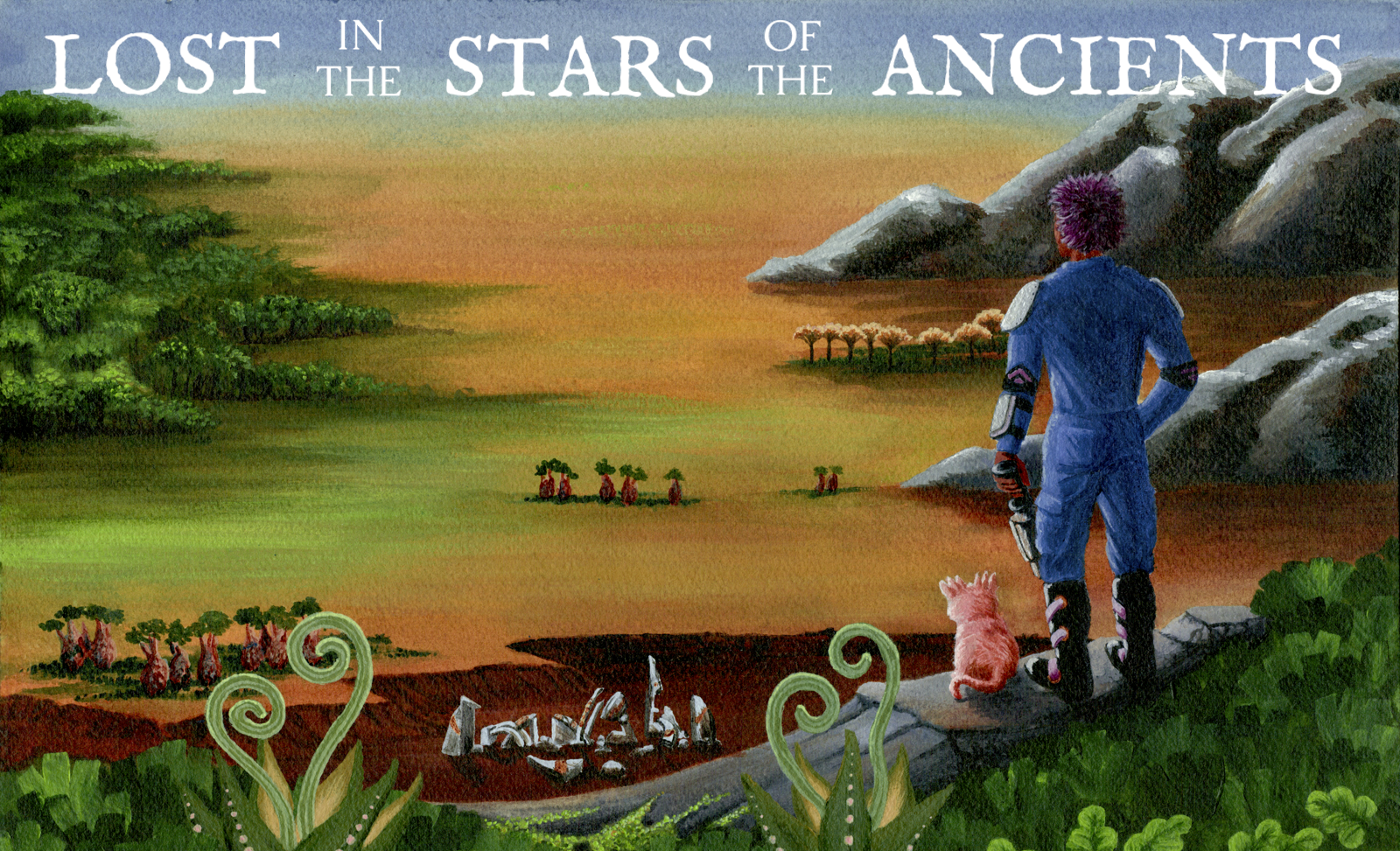 hand painted scene of a space traveler standing on a overlook, below them are yellow plains with mountains on the right and a forest on the left. A small, pink, furry animal sits beside them.